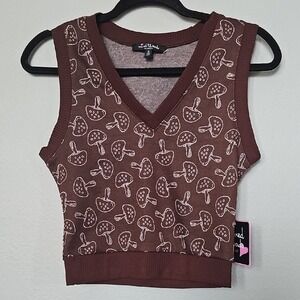 Mixed Threads Preppy Boho Earthy Woodland Mushroom Print V Neck Vest NWT Small
